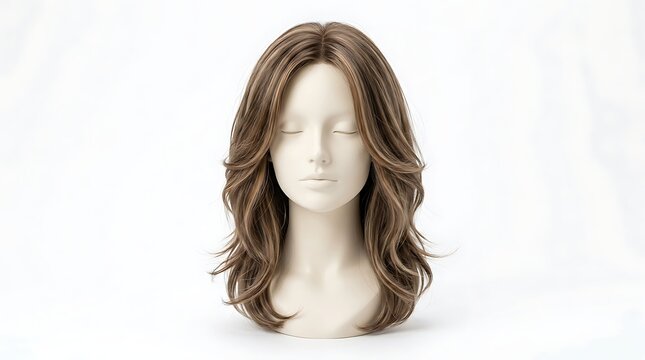 Mannequin head with stylish long layered brown hair wig on white background representing fashion, beauty, and hairstyling concepts