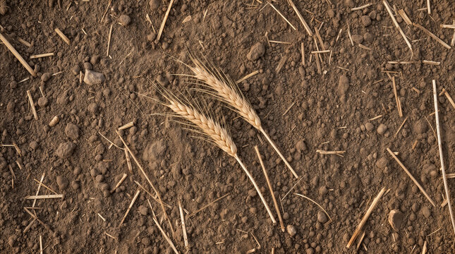 Wheat ears lying on dry soil after harvest. Agricultural field ground with crop residue and stalks.