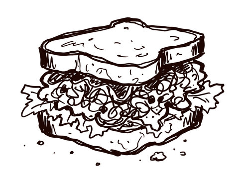 Hand-drawn black and white ink sketch of a delicious layered sandwich with lettuce and fresh ingredients for food menus