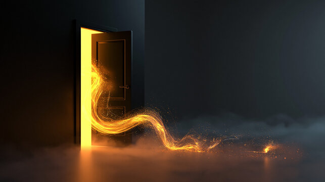 Glowing Golden Light Flowing Through Open Door in Dark Room
