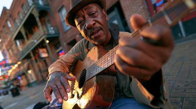 Senior Blues Musician Playing Acoustic Guitar on Street