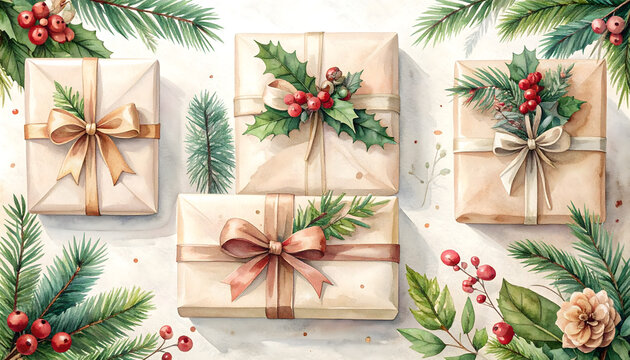 Festive Christmas gift boxes with pine and holly. Holiday presents with natural decorations.