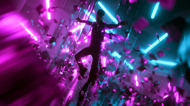 Cyberpunk Dancer Performing Dynamic Motion with Neon Lights