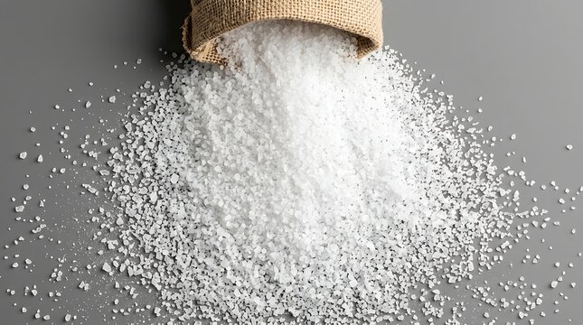 A pile of white crystals, likely salt or sugar, spilling from a burlap sack onto a gray surface, creating a textured background for food preparation or culinary themes