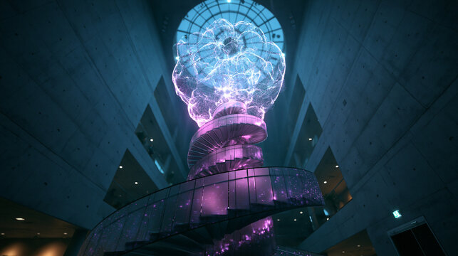 Glowing AI Neural Network Light Emerging From Spiral Staircase