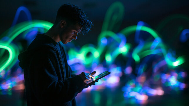Young Man Using Smartphone with Abstract Neon Lights Background