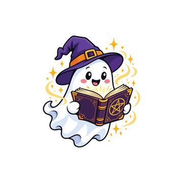 Cute cartoon ghost wearing a witch hat reading a magic spell book