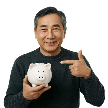 Piggy bank senior man pointing at savings isolated on a transparent background for financial planning and retirement security