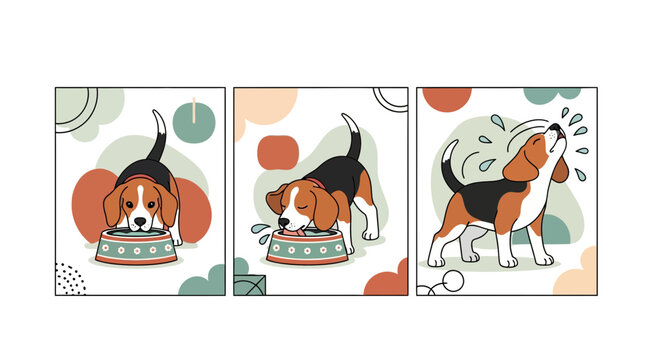 Cute Beagle Puppy Drinking Water and Shaking Off Vector Set