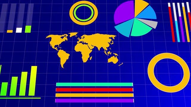 Global financial data analysis with animated bar charts pie graphs and world maps on blue background