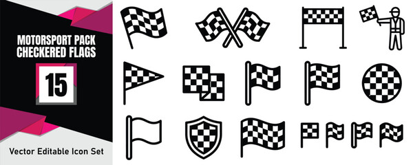 Fototapeta premium Set of fifteen black and white motorsport checkered flag icons for racing competition and victory celebration design elements
