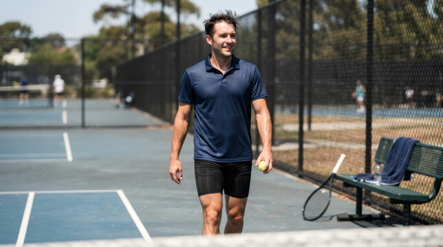 Athlete on a windy tennis court in a ventilated training polo and compression shorts, with racket, towel, and bench nearby.