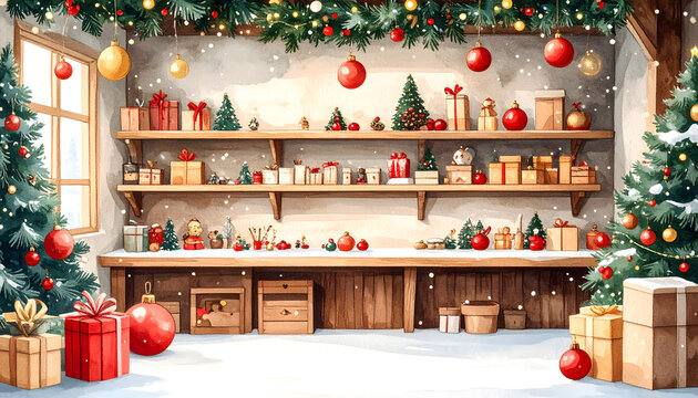 Festive Christmas scene with decorated tree and gifts. Warm holiday celebration with cozy decor and joyful atmosphere.