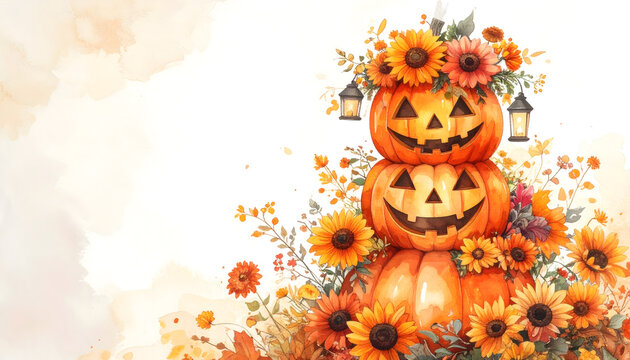 Festive Halloween pumpkin display with sunflower accents. Seasonal autumn decor for celebrations.