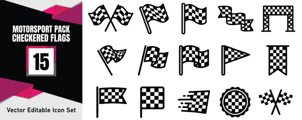 Fototapeta premium Set of fifteen black and white checkered racing flag icons for motorsport events and competition design elements