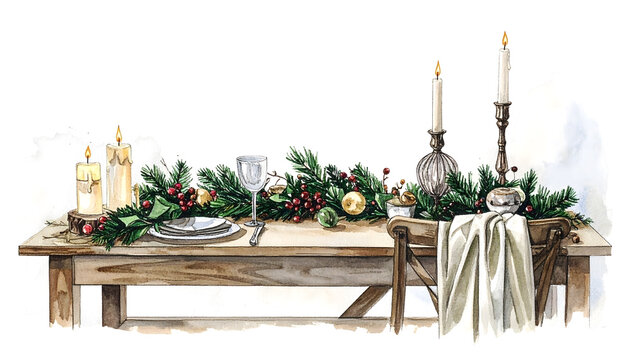 Festive Christmas table setting with candles and greenery. Elegant holiday decor for celebration and warmth.