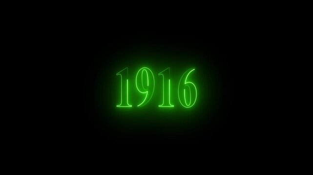 Electric green neon number 1916 glowing brightly on black year numeral