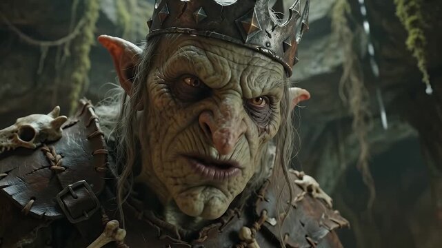 Fearsome Orc King in Crown and Armor Studying Scroll in Dark Cave Dungeon with Torchlight and Stalactites