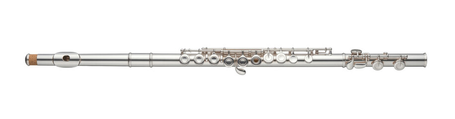Silver concert flute with intricate keys and polished finish, ready for music © maximon4ik