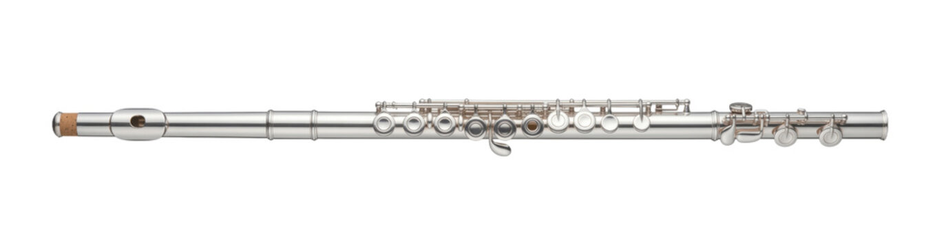 Silver concert flute with intricate keys and polished finish, ready for music