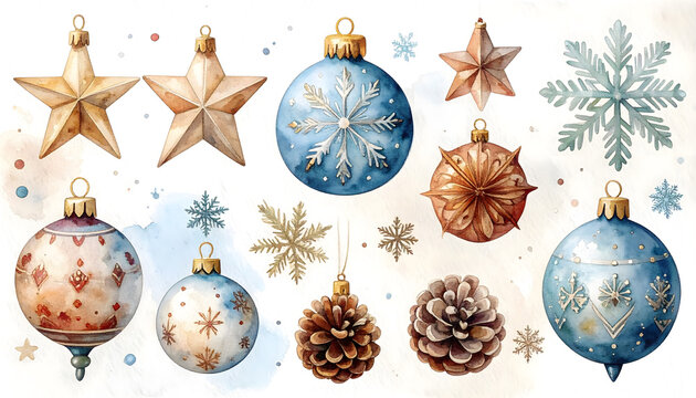 Festive Christmas ornaments with snowflake designs. Decorative holiday decorations for seasonal celebrations.
