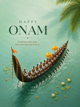 Happy Onam social media post. Creative boat race design for Kerala festival celebration.