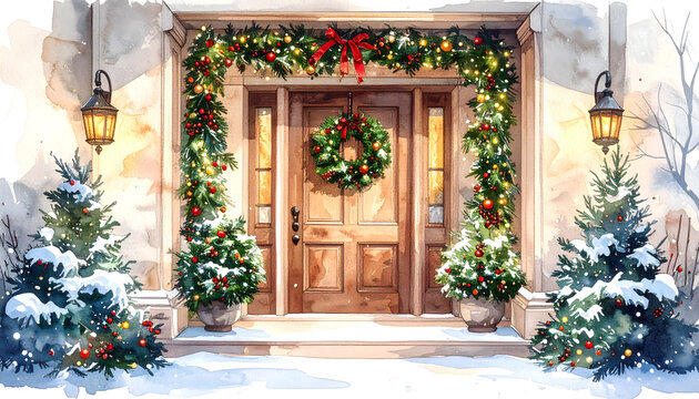 Festive Christmas Doorway with Wreath and Snow. Warm holiday scene with decorated entrance and winter ambiance