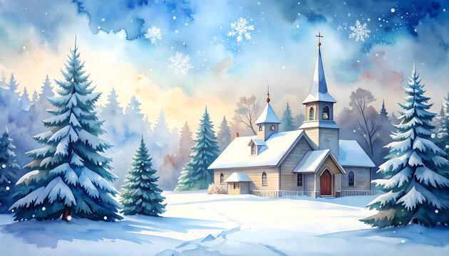 Snowy winter landscape with church and pine trees. Peaceful holiday scene with snow-covered trees and sky. Scenic winter scene for seasonal projects.