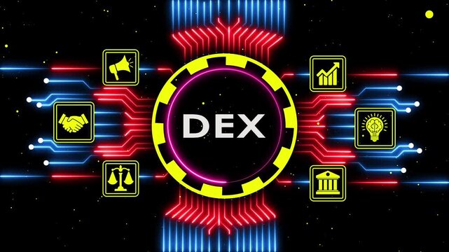 Digital decentralized exchange hub with glowing neon interface and abstract background.