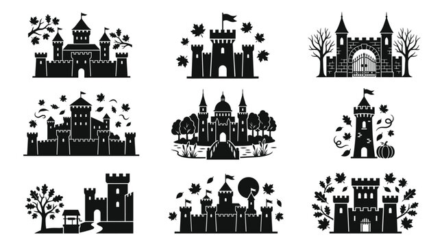Collection of castle silhouettes icons.