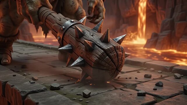 Fearsome Orc Warrior with Spiked Club in a Lava-Filled Dungeon Fortress, Fantasy Game Character