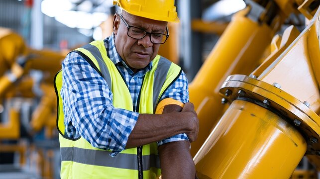 Factory worker standing near industrial machinery with arm pain after workplace injury, showing manufacturing risks, occupational health concerns, physical strain, and employee safety awareness
