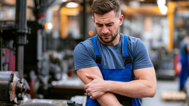 Factory worker standing near industrial machinery with arm pain after workplace injury, showing manufacturing risks, occupational health concerns, physical strain, and employee safety awareness