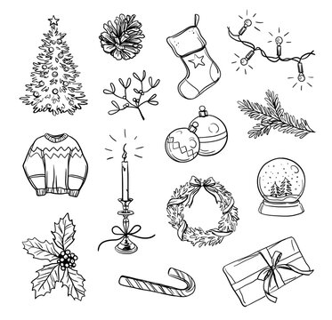 Set of hand drawn ink style christmas holidays illustrations or doodles