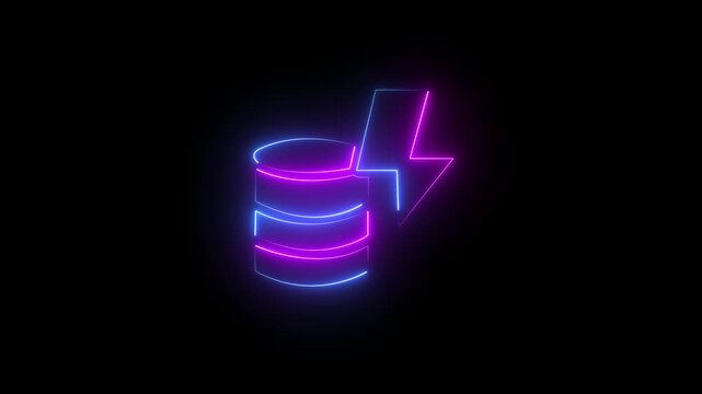 Blue and Pink Neon Database Icon with Lightning Bolt on Black Background symbol technology