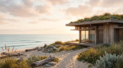 Fototapeta premium Modern Sustainable Beachfront Cottage Featuring a Living Green Roof on a Serene Coastal Landscape at Sunset