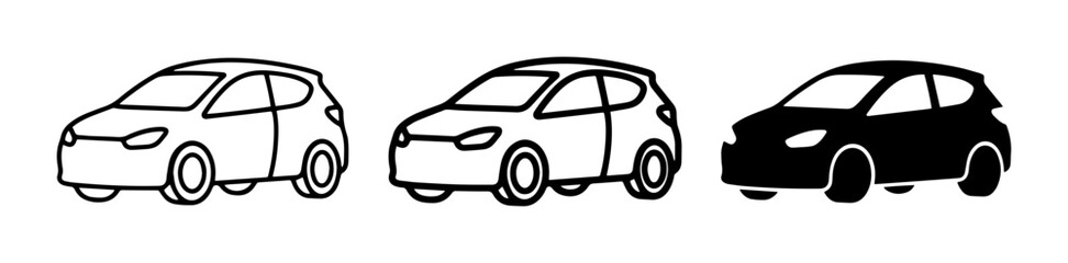 Fototapeta premium Three hatchback car icons, white and black vector illustrations for automotive design, transport concepts, and urban mobility