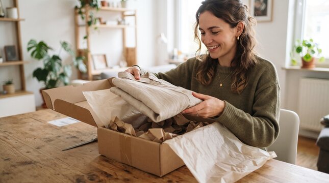 Smiling woman happily unboxing a new linen shirt from a cardboard package at a wooden table