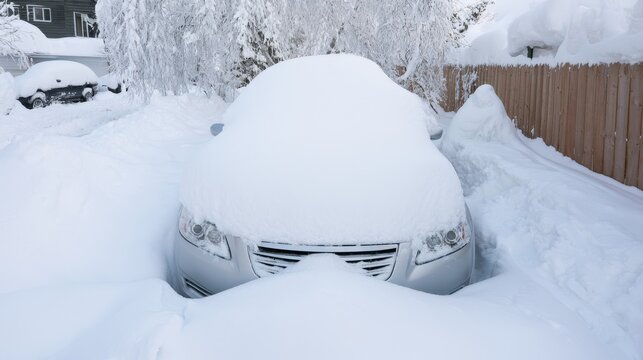Silver car buried in heavy snowfall after a severe winter storm, showing extreme weather conditions, transportation challenges, winter hazards, frozen landscape and vehicle safety concerns
