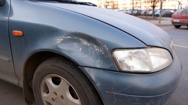 Mechanical damage to the front fender of a passenger car, showing vehicle collision impact, body repair needs, automotive maintenance, accident damage and transportation safety concerns