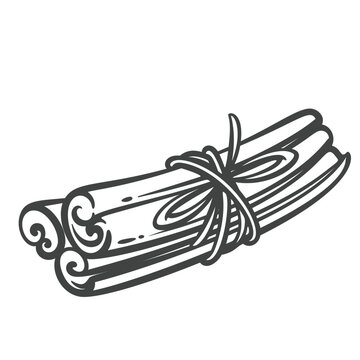 Cinnamon sticks tied in a bundle, shown in bold black outline with hand drawn spice detail. Menu, packaging and label design use cinnamon sticks, vector illustration.