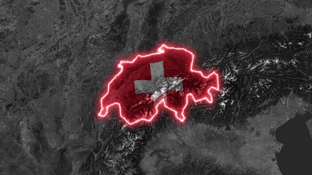 Switzerland Map Highlight with Glowing Red Border on Black and White Satellite Map