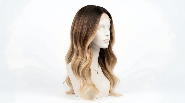 Beautifully Styled Long Wavy Ombre Wig on a Mannequin Head with a White Background