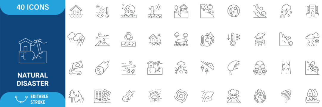 Natural Disaster Icon Set. Containing Earthquake, Flood, Wildfire, Hurricane, Tornado, Tsunami, Volcano, Storm, Emergency and more. Line Icon. Editable Stroke. Vector Illustration