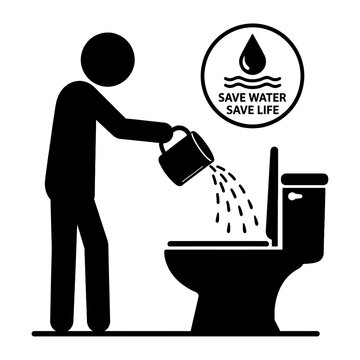Black and white icon of a person pouring water into a toilet for conservation awareness campaign