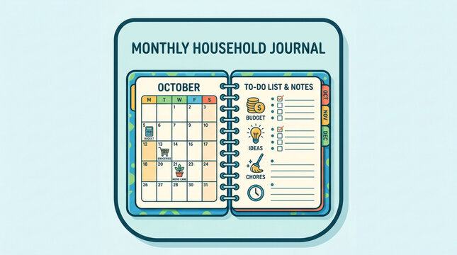Monthly household journal planner. Open organizer notebook for budget and task tracking.