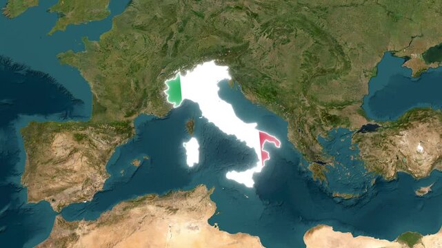 Italy Map Highlight with Animated Flag Pin on World Satellite Map