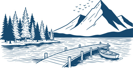 Mountain Lake Scenery with Wooden Dock and Boat Line Art Illustration © IconicCreations
