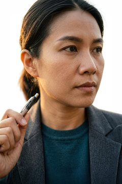 Professional woman holding a pen in a business suit