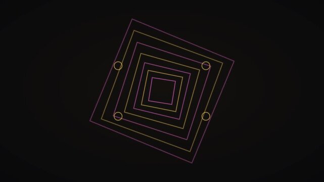 Abstract geometric pattern with nested glowing squares and circles on dark background in minimalist style